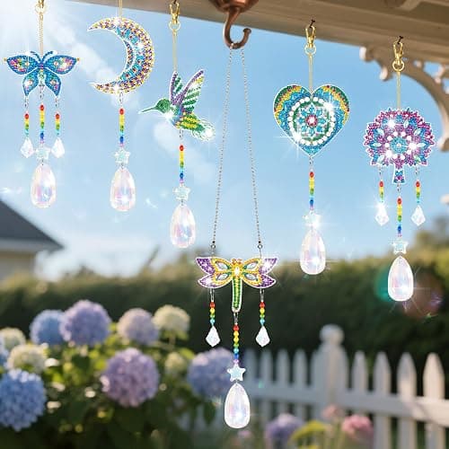 6 Pcs Diamonds Paintings Suncatcher, Double Sided 3D Diamonds Paintings Wind Chime Paint by Number, Diamond Paintings Hanging Ornaments for Adults Home Garden thumbnail 2