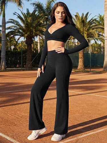 Straight Leg Leggings Women, Butt Lifting High Waisted Wide Leg Yoga Pants, No Front Seam Workout Gym Lounge Pants thumbnail 3