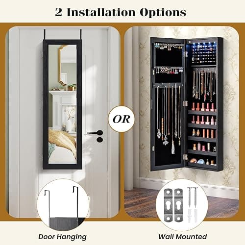 Giantex Wall or Door Mounted Jewelry Cabinet with Full Length Mirror, Over The Door Jewelry Armoire Organizer with Lights, Large Storage with Necklace Hooks, Earring Slots & Shelves (Black) thumbnail 4