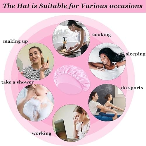 4PCS Satin Hair Bonnet for Sleeping,Bonnets for Black Women Men,Silk Bonnet for Sleeping,Hair Wrap Cap for Curly Hair,Elastic Wide Band Hair Bonnet Shower Cap (Black & Blue & Pink & Purple) thumbnail 5
