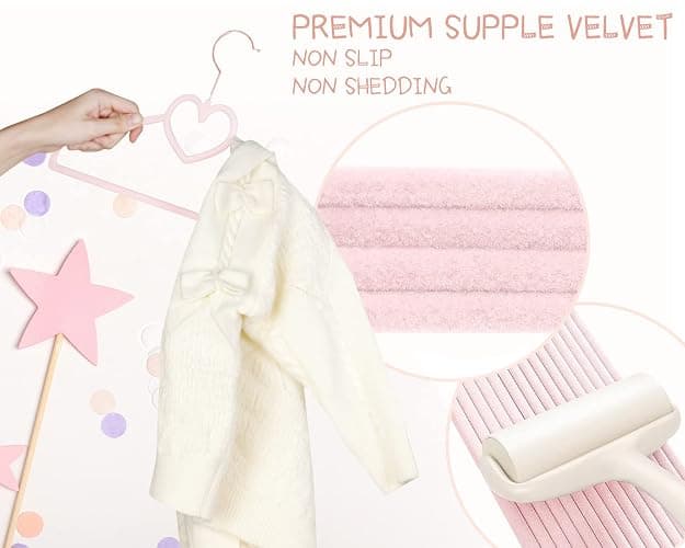 Pink Heart Velvet Baby Hangers - 50pack 13inch Toddler Hangers with 20pcs Clips, Premium Velvet Strong and Durable Baby Clothes Hangers Without Slipping, Ultra Slim and Stackable Space Saving thumbnail 7