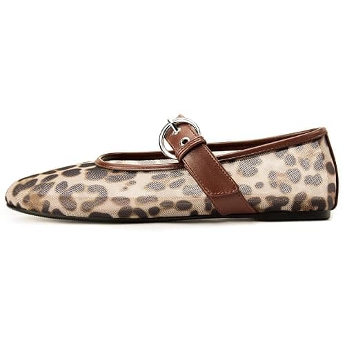 Gothictor Leopard Flats for Women Mesh Flats Ballet Flats Mary Jane Flats Women's Dress Shoes Ballet Shoes - Image 1