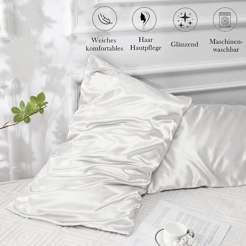 Vielit 2 Piezas Funda Almohada Satén 70x40 Crema, Suave Como la Seda, para el Cabello y la Piel - Con 2 Elásticos para el Cabello thumbnail 5