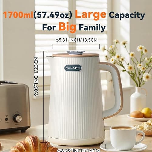 Nueve&Five 1.7L (57oz) Large Electric Kettle Perfect for 7+Cups of Tea and Coffee,2 quarts Double Wall Big Electric Tea Kettle,Auto Shut Off,1200W Hot Water Kettle Electric -Cream White thumbnail 2