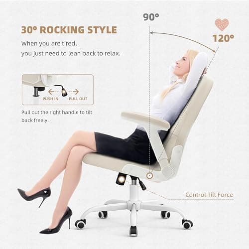 SEATZONE Home Office Chair–Beige Velvet Desk Chair with Wheels, Comfortable Computer Work Chair with Flip-up Arms and Adjustable Tilt thumbnail 4