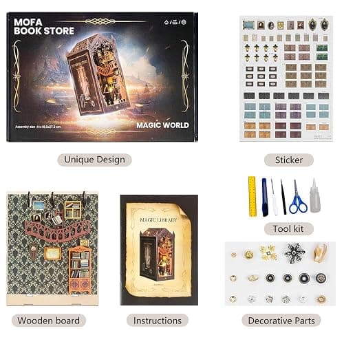 IXYHKB DIY Book Nook Kit, DIY Miniature Dollhouse Book Nook, 3D Wooden Puzzle Art Bookshelf with LED Lights, Creative Wooden Puzzle Bookends, Miniature Bookends Building Model Kit for Adults Teens thumbnail 4