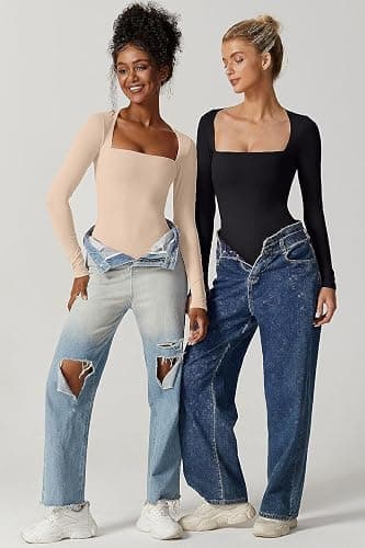 Beaufident Women's Sexy Square Neck Long Sleeve Bodysuit Padded Bras Shirt Tops thumbnail 4