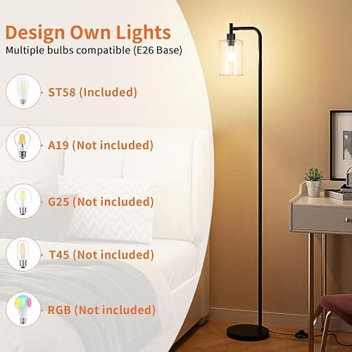 Ziisee Industrial Floor Lamp with Glass Shade - Black, LED Bulbs, Foot Pedal Switch, Easy Assembly thumbnail 3