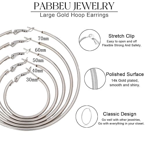 PABBEU Silver Hoop Earrings Large 316L Stainless Steel Earrings Lightweight Silver Earrings Hypoallergenic Big Thin Silver Earrings for Women s Boucle Doreille Femme 25/30/40/50/60/70mm thumbnail 2