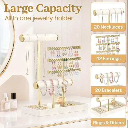 MODOWEY Necklace Holder Earring Stand Organizer, Wooden Velvet Bracelet Tree Rack with Ring Tray for Vendor Women Display Selling, Countertop T Bar Jewelry Tower Keep Everything Visible & Within Reach thumbnail 3