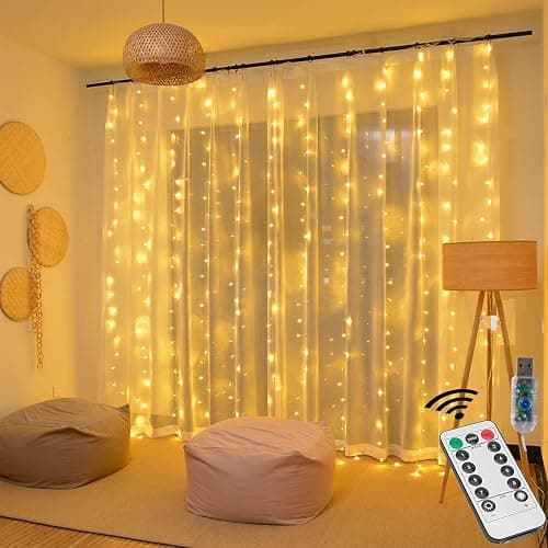Honche 300Led Fairy Curtain String Lights 10x10ft with Remote Window Lights for Bedroom Wedding Party Festive Season Propose Christmas Decoration(Warm White) thumbnail 9