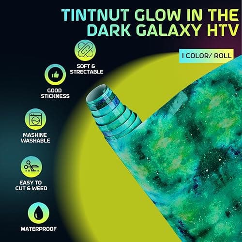 Tintnut Glow in The Dark Galaxy Heat Transfer Vinyl Roll - 12 Inch x 5 ft Green Night Starry Sky Iron on Vinyl Pattern Printed HTV DIY T-Shirts Handbags Hat Pants Craft for Cricut or Silhouette Cameo thumbnail 2