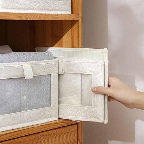 Pradnel Linen Closet Organizers And Storage, 4 Pack Storage Bins Baskets for Organization Foldable Organizer with Clear Window Organizing Clothing, Jeans, Shelves thumbnail 5