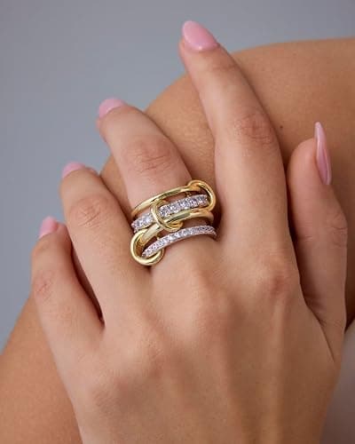 PAVOI 14K Gold Plated Interlocked Stackable Rings for Women - Statement Mixed Metals Multi Ring Stack - Cubic Zirconia Two-Toned Connected Bands Stacking Jewelry thumbnail 2
