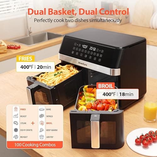 12QT Large Dual Air Fryer, 10-in-1 Double Zone Airfryer with 2×6QT Baskets, 60° Easy-Panel with Full Touchscreen, SyncCook Function, Viewing Window, Nonstick & Dishwasher Safe, 2 Dishes at Once, Black thumbnail 3