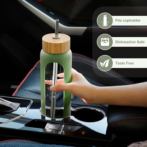 FULBEVY 32 oz Glass Water Bottles - 1 Liter Motivational Tumbler With Time Marker - Borosilicate Glass With Silicone Sleeve and 2 Lids, Handle Spout & Bamboo Straw Lid thumbnail 4