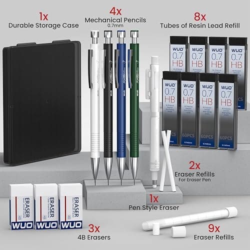 WUO 0.7mm Mechanical Pencil Set with Case, 4PCS Metal Mechanical Pencils with Eraser Pen, 480 HB Lead Refills, 3 Erasers, 11 Eraser Refills, Artist Drafting Pencils for Writing, Drawing, Sketching thumbnail 7