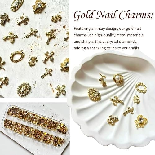 3D Cross Nail Charms, Gold Flat-Back Bead Charms for Nails, Nail Charms and Gems for Nail Art DIY Design, Nail Rhinestones Accessories Bulk (Gold) thumbnail 4