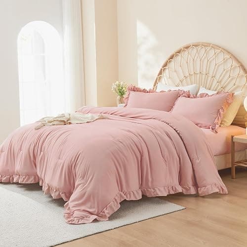 Litanika Full Size Comforter Sets, 3 Pieces Blush Pink Ruffle Girls Women Cute Bedding Comforters & Sets, Lightweight Fluffy Microfiber as Gift (79x90In Comforter & 2 Pillowcases) thumbnail 3