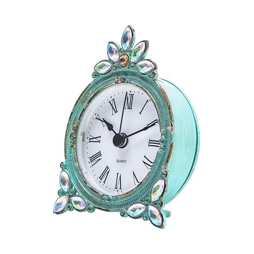 NIKKY HOME Vintage Pewter Quartz Mini Table Clock with Crystal Shining Rhinestone, 2.87 x 1.37 x 3.87 Inches, Aqua thumbnail 4