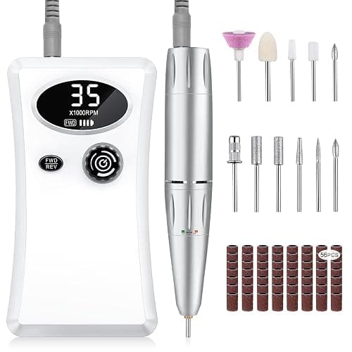 Electric Nail Drill, Urbuti 35000RPM Professional Nail Drill Machine, Portable Rechargeable File Machine Set for Acrylic Gel Nails, Manicure Pedicure Tools for Home and Salon Use(White) - Image 1