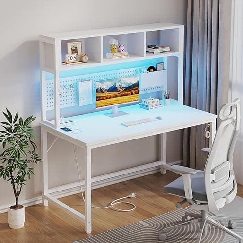 White Computer Desk with Hutch and Pegboard - Computer Desk with Power Outlets, 47 Inch Modern Study Teen Desk with Pegboard Storage Bag, Hooks and Side Bag,Writing Desk for Bedroom Home Office - White - 47.2" thumbnail 7