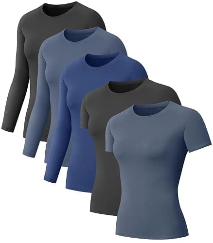 5-Pack Women's Compression Shirts Long & Short Sleeve Workout Tops Athletic Baselayer Quick Dry Gym Yoga Running T-Shirt - Image 1