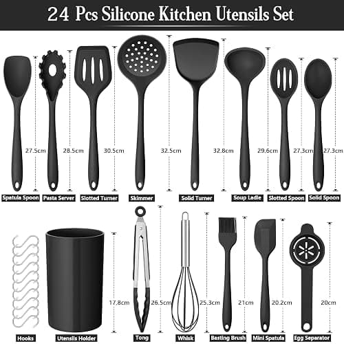 Onader Black Kitchen Utensils Set, 24 Pcs Silicone Cooking Utensils with 10 Hooks, Heat Proof Kitchen Tools Include Spatula Spoon Turner Tong for Non-Stick Cookware thumbnail 2