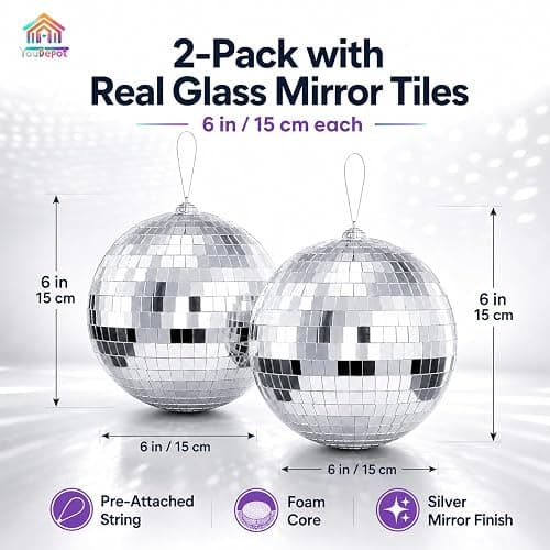 Youdepot 6-Inch Disco Ball 2-Pack, Silver Hanging Mirror Balls | with String, Reflective Disco Ball Decor, for Disco Party Decorations, Disco Christmas Decor, Home DIY, Weddings thumbnail 4