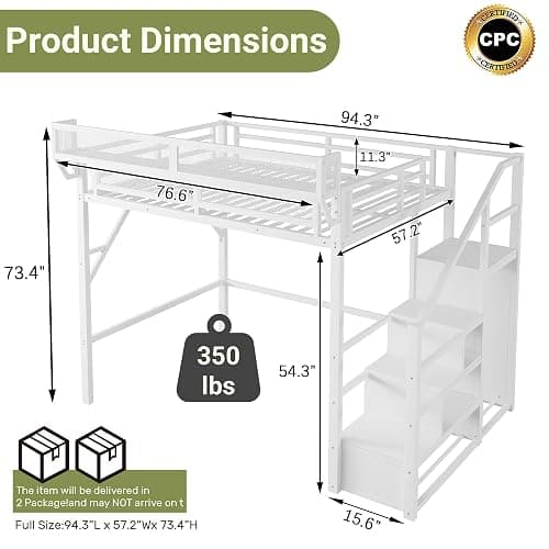 Mirightone Full Size Loft Bed with Stairs and Storage, Metal Loft Bed Frame with Bedside Shelf and Large Under-Bed Space, Heavy-Duty Loft Beds for Adults Teens and Kids, Convertible Staircase, White thumbnail 2