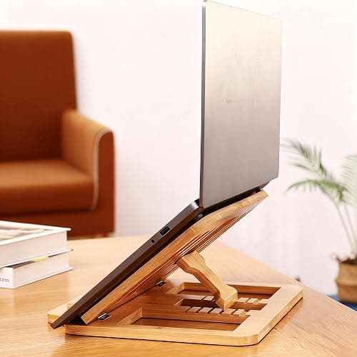 XIKEMADI Bamboo Foldable Laptop Stand Holder, 6-Level Adjustable Ergonomic Notebook Riser with Heat Dissipation for 10-17 Inch Laptops, MacBook, Tablet (Natural Bamboo) thumbnail 2