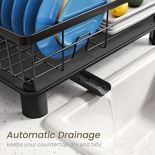 SNTD Dish Drying Rack - Small Dish Rack for Kitchen Counter, Stainless Steel Dish Drainer with Utensil Holder and Drainboard, 11" W x 15" L (Black) thumbnail 4