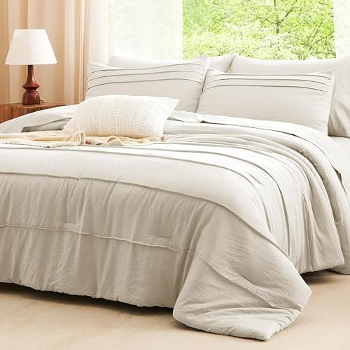 CozyLux Comforter Set Queen Size, Beige 7 Pieces Soft Pinch Pleat Bed in a Bag Queen Comforter Set with Sheets, Boho Bed Set with Down Alternative Comforter, Sheets, Pillowcases & Shams thumbnail 9