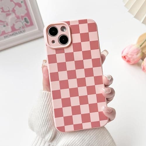 NITITOP Compatible with iPhone 15 Plus Case Cute Aesthetic Checkerboard Checkered Pattern for Women Girl Trendy Slim Fit TPU Silicone Shockproof Full Camera Protection Cover - Pink thumbnail 3