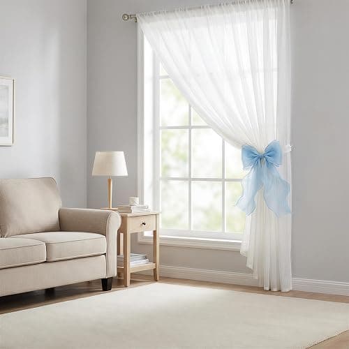 GAJILON 2 Pack French Lace Bow Curtain Tiebacks, Light Blue | Silky Ribbon Curtain Ties and No-Drill Holdbacks for Sheer Drapes, Bedrooms, Nurseries, Canopies and Wedding Decor thumbnail 4