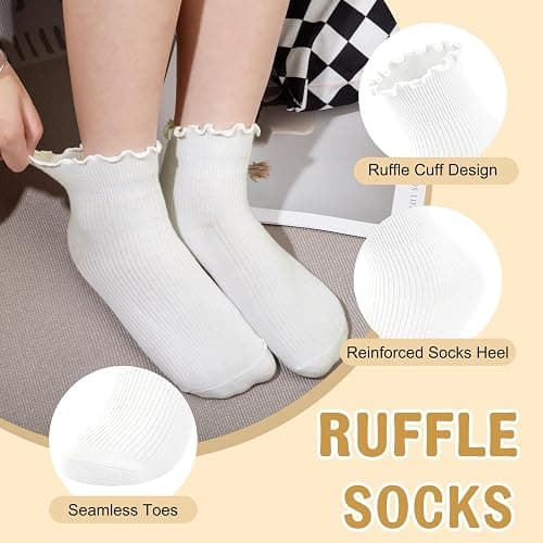 Justay 8 Pairs Ruffle Socks Woman Cute Frilly Soft Cotton Crew Ankle Socks for Women Gifts thumbnail 2