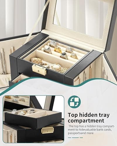 AKOZLIN 4-Tier Jewelry Box Leather Jewelry Storage Organizer with 3 Drawers Lockable for Women Girls Ring Necklace Earring Bracelet Holder with Mirror Black thumbnail 4
