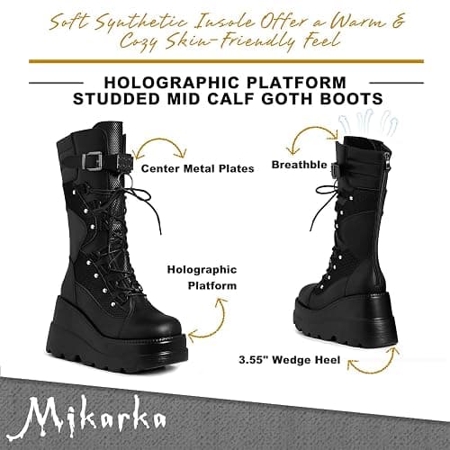 mikarka Womens Holographic Platform Mid Calf Combat Boots Lace Up Wedge Heel Studded Goth Knee High Boots thumbnail 3