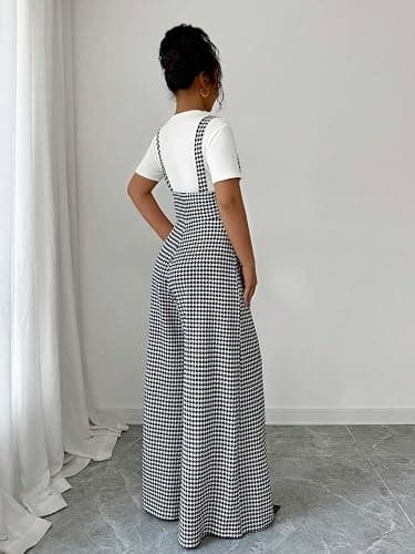 Milumia Women's Houndstooth Overalls Wide Leg Jumpsuit Suspender Pants | One Piece Jumpsuits, With Pockets, Baggy, Sleeveless, Going Out Outfits, Spring Fall, Plaid Romper thumbnail 3