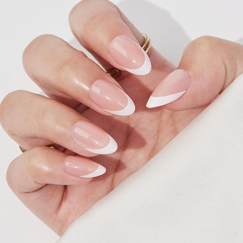 Findigit French Tip Press On Nails Almond - Natural Fake Nail Short with Glue,Supremely Fit & Natural Glue On Nails with Nail in 16 Sizes - 32 Nails Kit,White French thumbnail 2