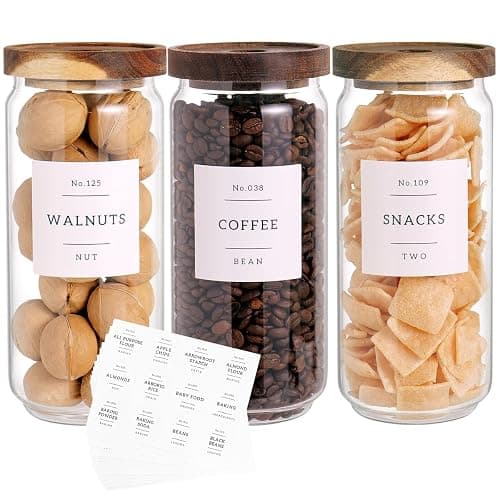 CZZGSM 3 Set Glass Pantry Storage Jars with Acacia Airtight Lid - 35oz Thicken Glass Kitchen Canisters with 132 Pantry Labels - Clear Food Storage Containers with Wood Lid for Tea,Sugar,Cookie,Pasta - Image 1