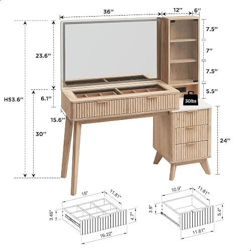 T4TREAM 48" Fluted Makeup Vanity Desk with 36" Lighted Mirror, Oak | Smart LED Mirror, Visible Glass Top, 5 Drawers & Adjustable Shelves, Charging Station, Bedroom Makeup Storage thumbnail 2