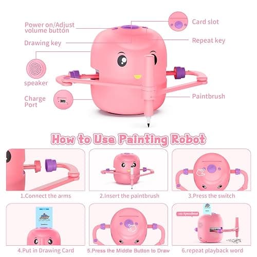 Interactive Educational Drawing Robot for Kids - Montessori Learning Toy with 150 Word Cards, Voice Interaction, Ages 5+ (Pink) thumbnail 6