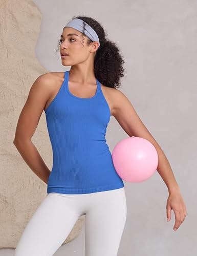 Missclub 3 Pack Workout Tank Tops for Women with Built in Bra Ribbed | with Removable Pads, Seamless, Racerback, Scoop Neck, Athletic Running Gym Yoga Tops, High Stretch Fabric, Hip Length, Soft thumbnail 7
