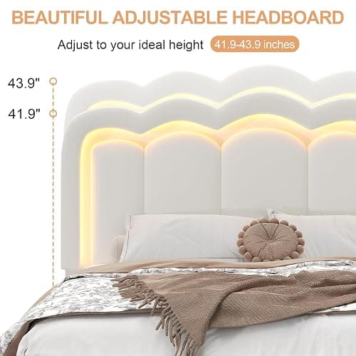 Queen Bed Frame with 4 Storage Drawers, Adjustable Wavy Headboard, White | PU Upholstered Princess Platform Bed with RGB LED Lights and Charging Station, Metal Slats Support, No Box Spring Needed thumbnail 6