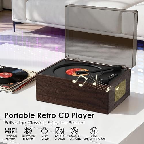 Portable CD Player with Bluetooth 5.3, Hi-Fi Speakers,3.5mm AUX, USB Playback Retro CD Player for Home(Brown) thumbnail 2