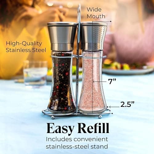 Willow & Everett Salt and Pepper Grinders - Set of Premium Stainless Steel Mills w/Stand – Tall Shakers w/Adjustable Coarseness - Salt & Pepper Mills w/Lids thumbnail 5