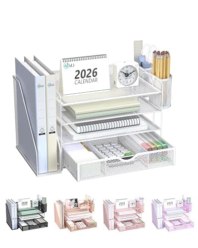 WALI Desk File Organizer, 4 Tier Desktop Paper Letter Tray Organizer with Drawer and 2 Pen Holders, Office Desk Accessories & Workspace Organizers for Office, Home Supplies(DO005DH-W), 1 Pack, White - Image 1