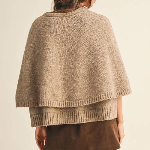 HOULENGS Women's Round Neck Shawl Cardigan Sweater Casual Button Down Cropped Knit Cape Coat Fall Trendy Sweater Jacket thumbnail 2