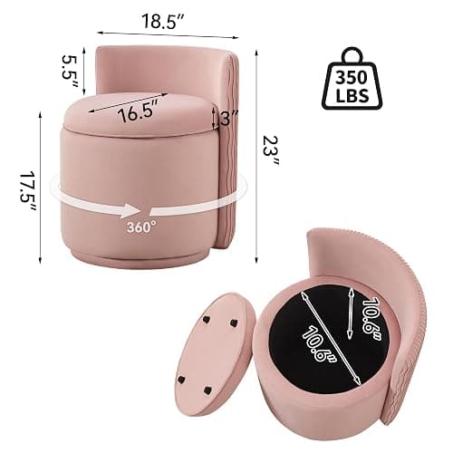 WUTUTUEE Velvet Vanity Chair with Storage, 360° Swivel Makeup Chair with Wave Back, No Assembly Small Accent Stool for Bedroom, Dressing, Living Room, Pink thumbnail 2